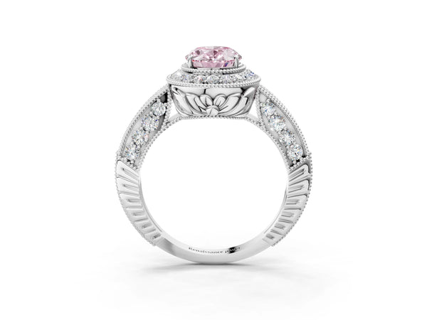 Platinum Fancy Pink Oval  Halo Diamond Split Shank Ring with Milgrain Detail