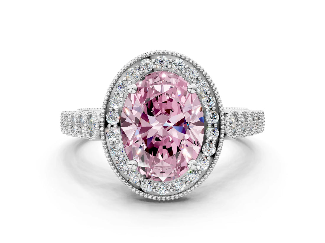 White gold Fancy Pink Oval  Halo Milgrain Solitaire with Bezel Set Side Stones and Pave Band_37