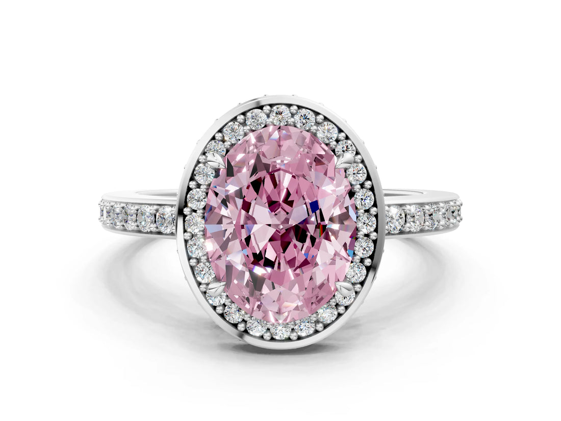White gold Fancy Pink Oval  Halo Pave Band Solitaire Ring with Prong Setting_66
