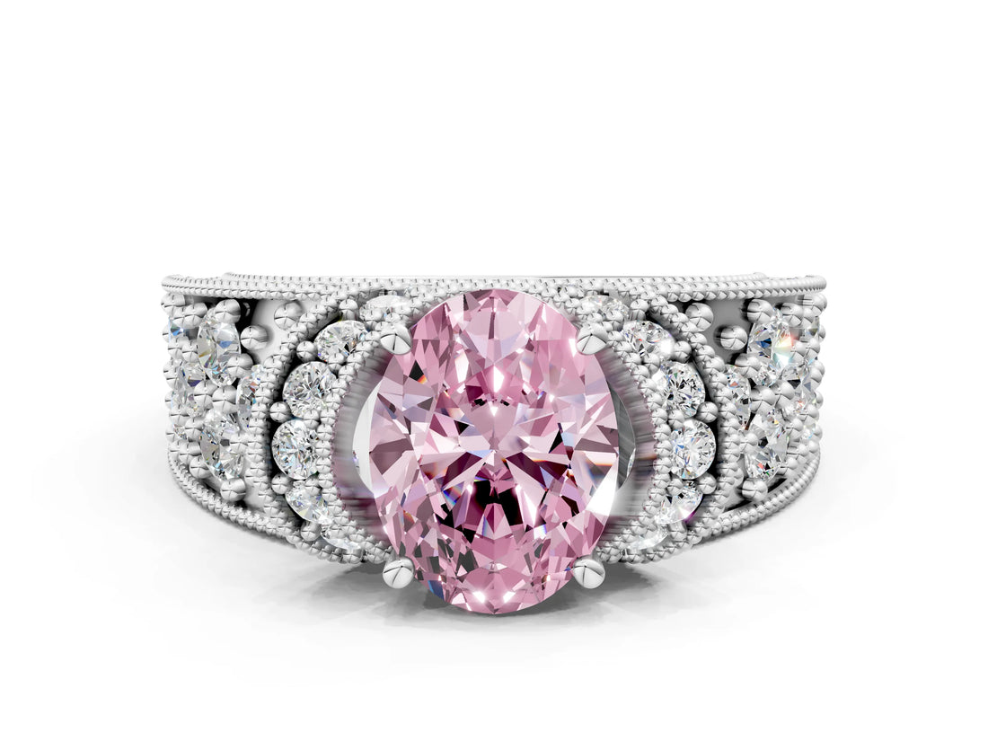 White gold Fancy Pink Oval  Halo Pave Diamond Engagement Ring with Milgrain Detailing_49