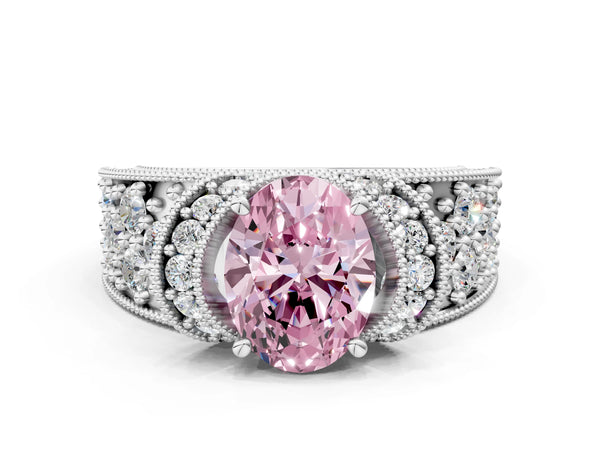 White gold Fancy Pink Oval  Halo Pave Diamond Engagement Ring with Milgrain Detailing
