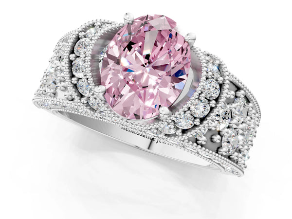White gold Fancy Pink Oval  Halo Pave Diamond Engagement Ring with Milgrain Detailing