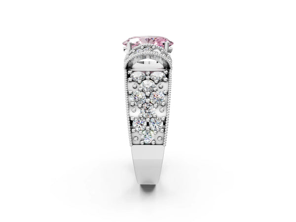 White gold Fancy Pink Oval  Halo Pave Diamond Engagement Ring with Milgrain Detailing