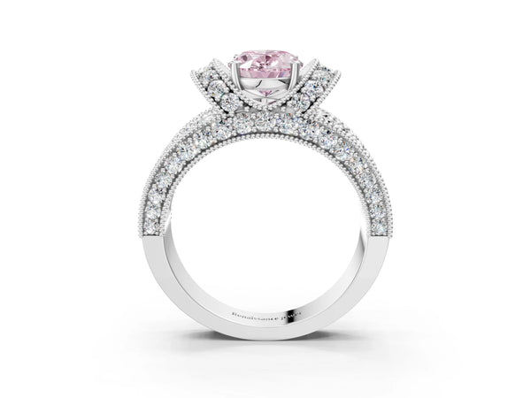 White gold Fancy Pink Oval  Halo Pave Diamond Engagement Ring with Milgrain Detailing