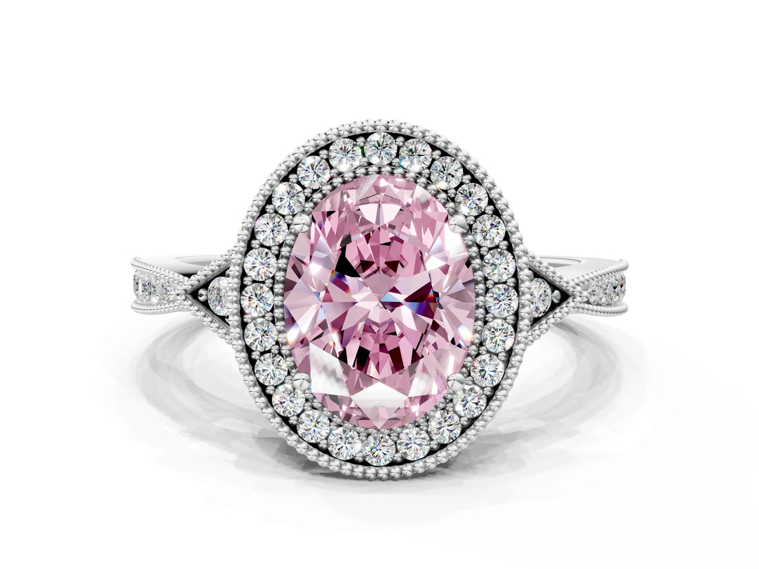 White gold Fancy Pink Oval  Halo Round Diamond Milgrain Pave Engagement Ring_15