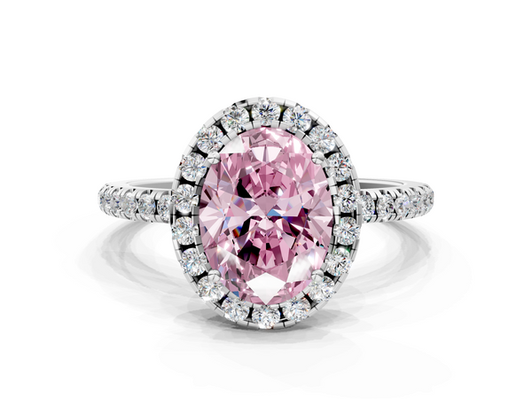Platinum Fancy Pink Oval  Halo Round Diamond Pavé Band Four-Prong Ring