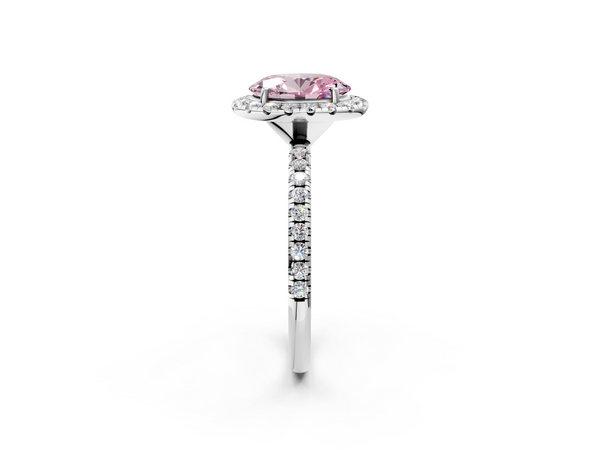 Platinum Fancy Pink Oval  Halo Round Diamond Pavé Band Four-Prong Ring