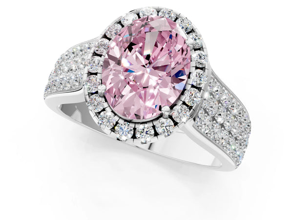 White gold Fancy Pink Oval  Halo Round Diamond Pave Band with Prong Setting