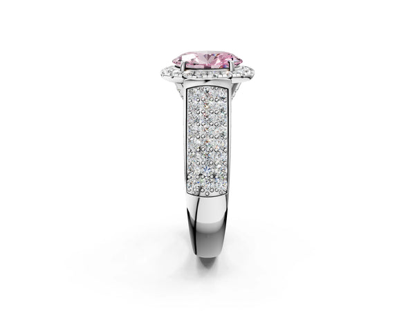 White gold Fancy Pink Oval  Halo Round Diamond Pave Band with Prong Setting