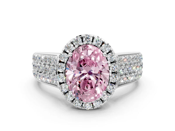 White gold Fancy Pink Oval  Halo Round Diamond Pave Band with Prong Setting