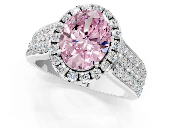 White gold Fancy Pink Oval  Halo Round Diamond Pave Band with Prong Setting