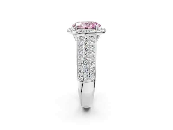 White gold Fancy Pink Oval  Halo Round Diamond Pave Band with Prong Setting