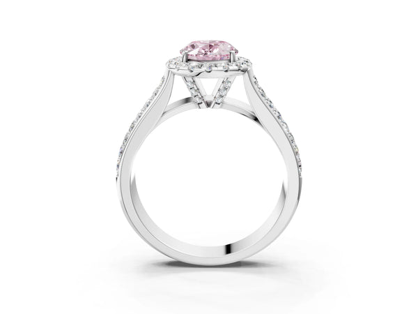 White gold Fancy Pink Oval  Halo Round Diamond Pave Band with Prong Setting