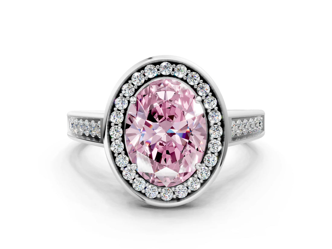 White gold Fancy Pink Oval  Halo Solitaire Diamond Ring with Pave Band and Bezel Setting_49