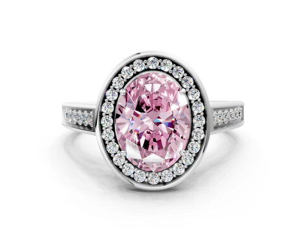 White gold Fancy Pink Oval  Halo Solitaire Diamond Ring with Pave Band and Bezel Setting
