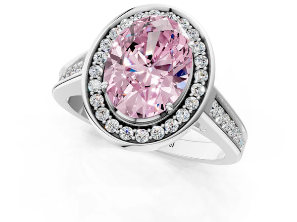 White gold Fancy Pink Oval  Halo Solitaire Diamond Ring with Pave Band and Bezel Setting