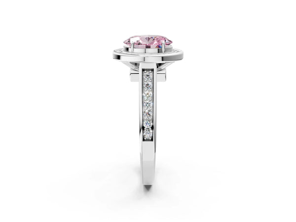 White gold Fancy Pink Oval  Halo Solitaire Diamond Ring with Pave Band and Bezel Setting
