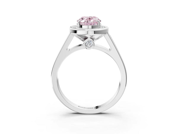 White gold Fancy Pink Oval  Halo Solitaire Diamond Ring with Pave Band and Bezel Setting