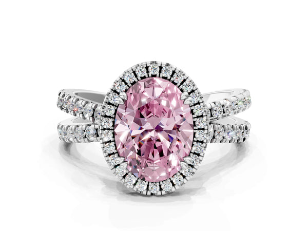 Platinum Fancy Pink Oval  Halo Split Shank Diamond Ring with Pavé Setting