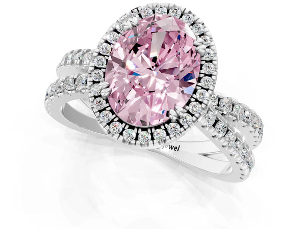 Platinum Fancy Pink Oval  Halo Split Shank Diamond Ring with Pavé Setting