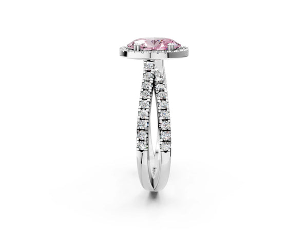 Platinum Fancy Pink Oval  Halo Split Shank Diamond Ring with Pavé Setting