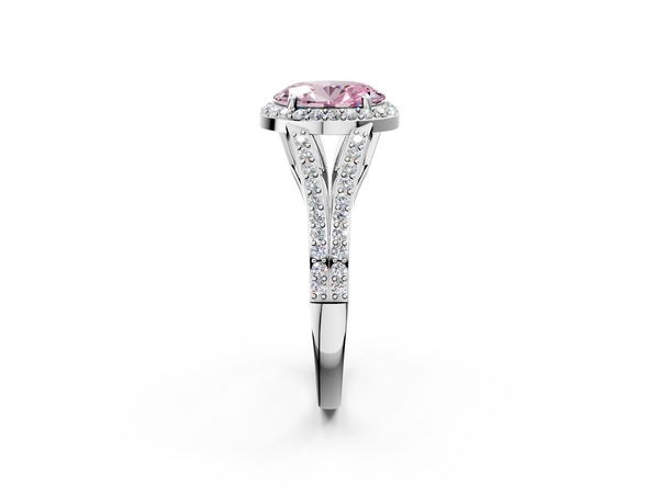 White gold Fancy Pink Oval  Halo Split Shank Diamond Ring with Prong Setting