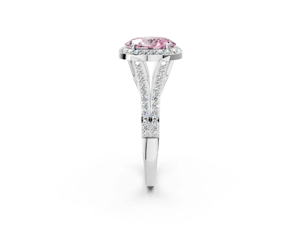 White gold Fancy Pink Oval  Halo Split Shank Pave Diamond Ring with Four-Prong Setting