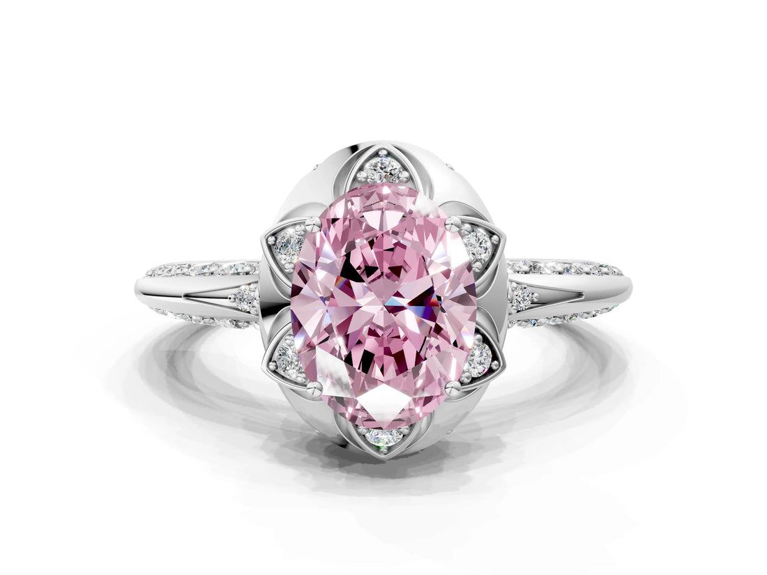White gold Fancy Pink Oval  Halo Split Shank Pave Diamond Ring with Petal Prong Setting_44
