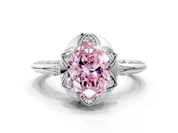 Platinum Fancy Pink Oval  Halo Split Shank Pave Diamond Ring with Petal Prong Setting