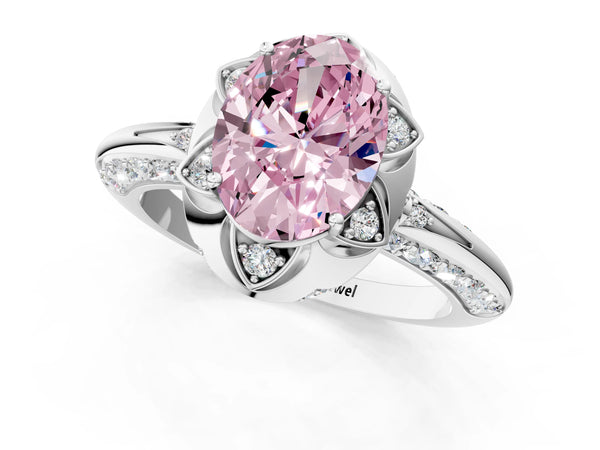 Platinum Fancy Pink Oval  Halo Split Shank Pave Diamond Ring with Petal Prong Setting