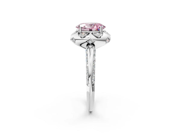 Platinum Fancy Pink Oval  Halo Split Shank Pave Diamond Ring with Petal Prong Setting