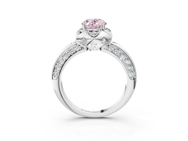 Platinum Fancy Pink Oval  Halo Split Shank Pave Diamond Ring with Petal Prong Setting