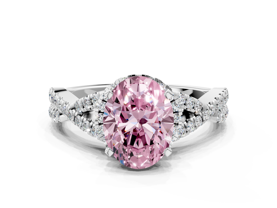 White gold Fancy Pink Oval  Halo Twist Band Solitaire Prong Setting Ring_76