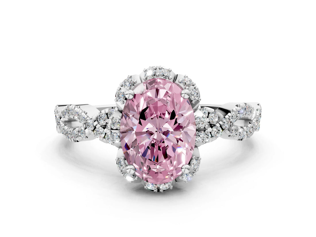 White gold Fancy Pink Oval  Halo Twist Band Solitaire Ring with Six-Prong Setting_32