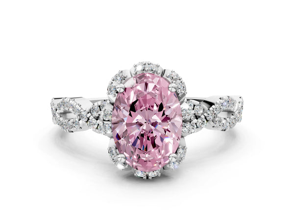 White gold Fancy Pink Oval  Halo Twist Band Solitaire Ring with Six-Prong Setting