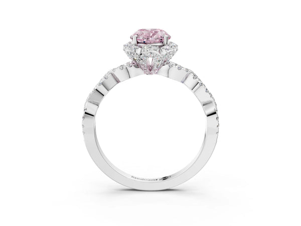 White gold Fancy Pink Oval  Halo Twist Band Solitaire Ring with Six-Prong Setting