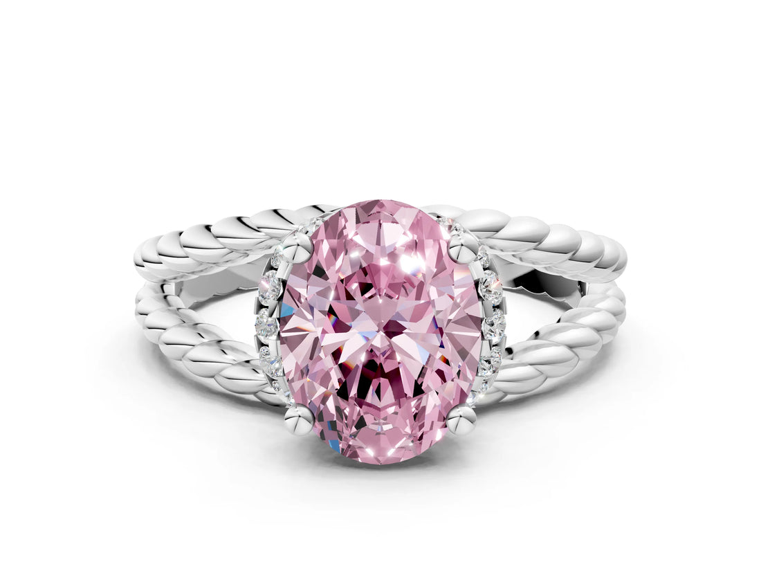 White gold Fancy Pink Oval  Halo Twisted Band Four-Prong Ring_32