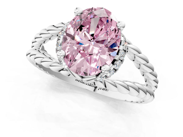 White gold Fancy Pink Oval  Halo Twisted Band Four-Prong Ring