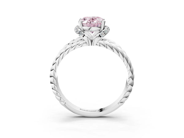 White gold Fancy Pink Oval  Halo Twisted Band Four-Prong Ring