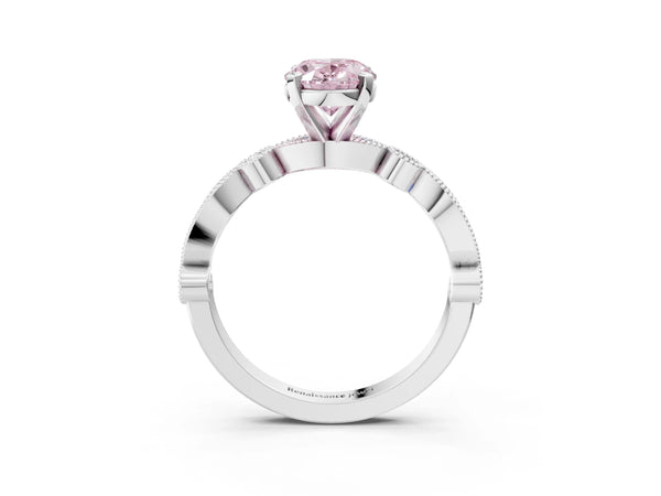 Platinum Fancy Pink Oval  Milgrain Bezel Diamond Engagement Ring with Solitaire Prong Setting