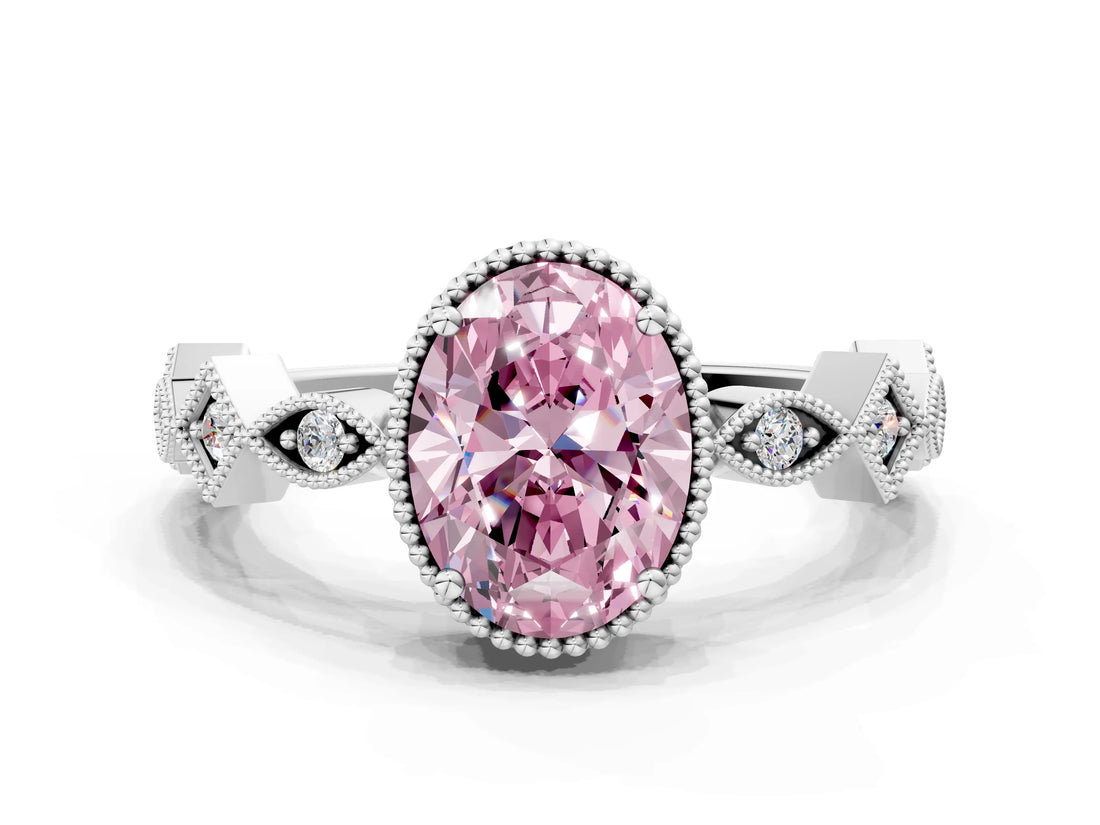 White gold Fancy Pink Oval  Milgrain Marquise Diamond Twist Band Ring_62
