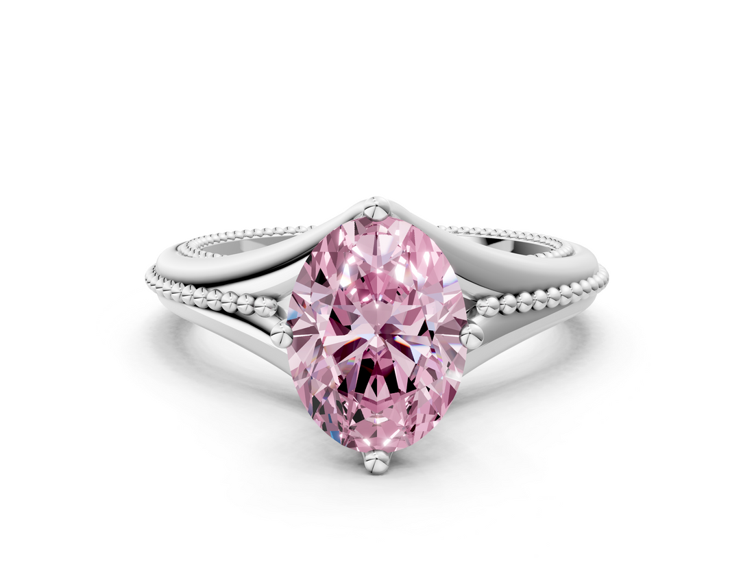White gold Fancy Pink Oval  Solitaire Beaded Band Six-Prong Setting