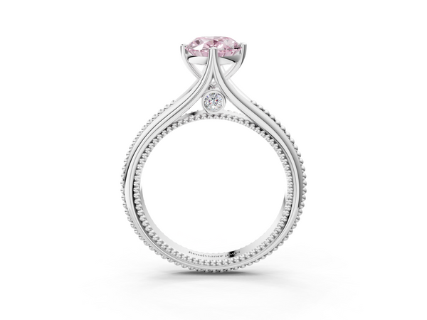 Platinum Fancy Pink Oval  Solitaire Beaded Band Six-Prong Setting