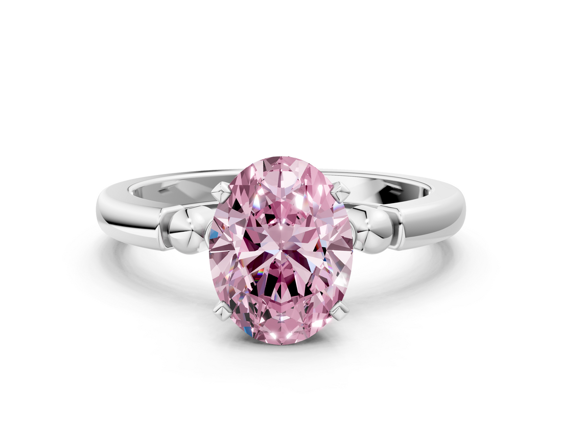 White gold Fancy Pink Oval  Solitaire Beaded Band with Four-Prong Setting_58