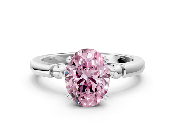 White gold Fancy Pink Oval  Solitaire Beaded Band with Four-Prong Setting