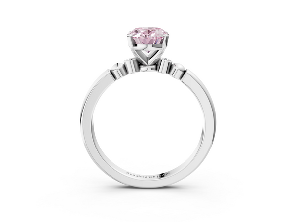 White gold Fancy Pink Oval  Solitaire Beaded Band with Four-Prong Setting