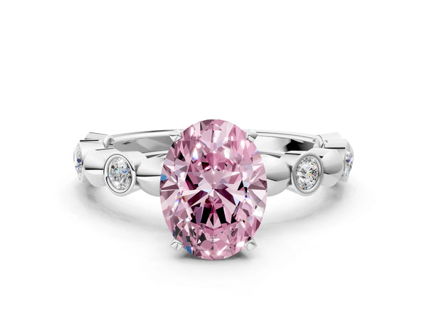 Platinum Oval Engagement Ring Setting for Fancy Pink Center with Bezel Station Beaded Band