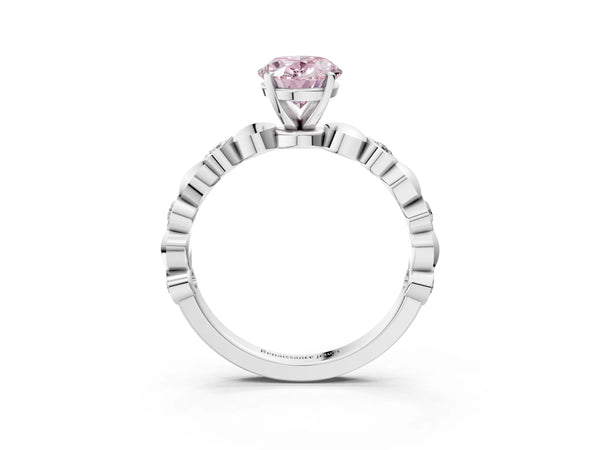 Platinum Oval Engagement Ring Setting for Fancy Pink Center with Bezel Station Beaded Band