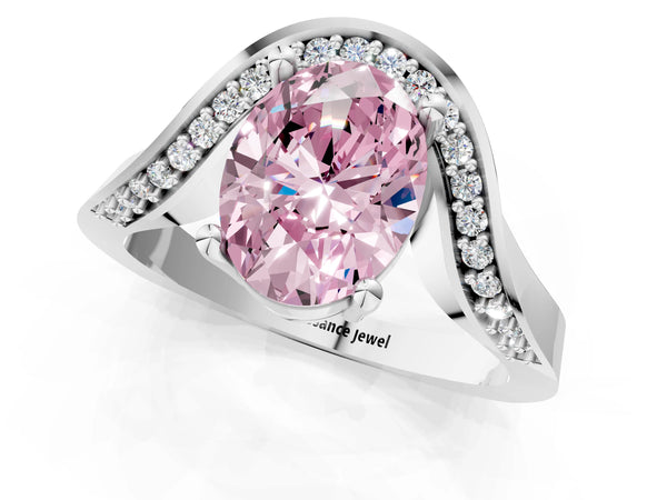 White Gold Oval Bypass Solitaire Engagement Ring Setting for Fancy Pink Center with Pave Wave Band