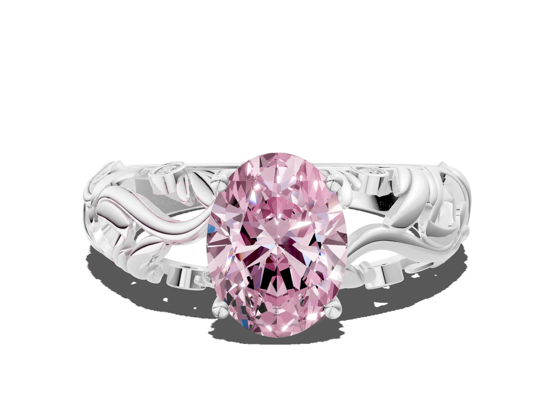 White gold Fancy Pink Oval  Solitaire Diamond Leaf Vine Band with Prong Setting_28
